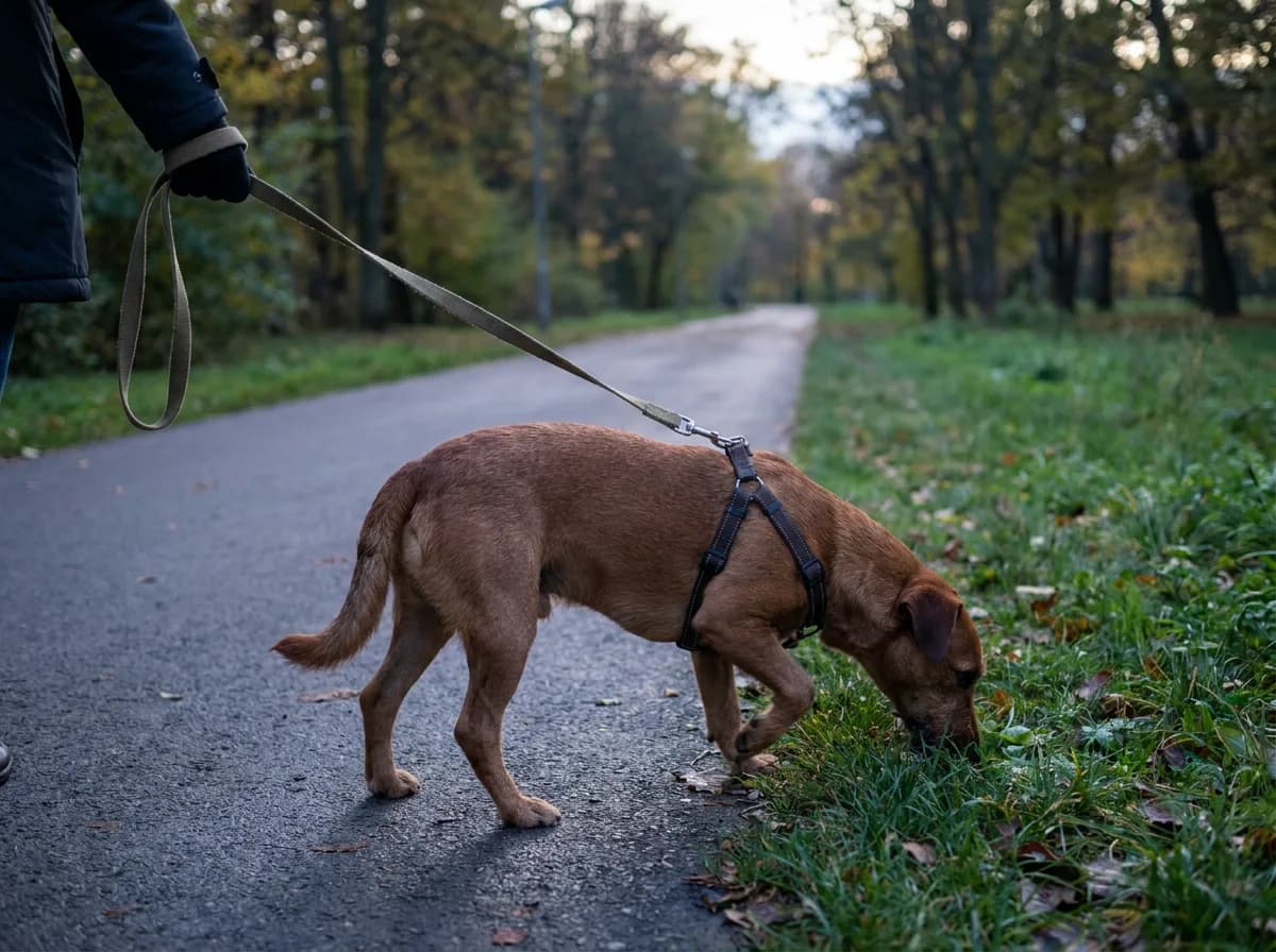 Brown mixed dog sniffing beside a path while wearing a harness and leash