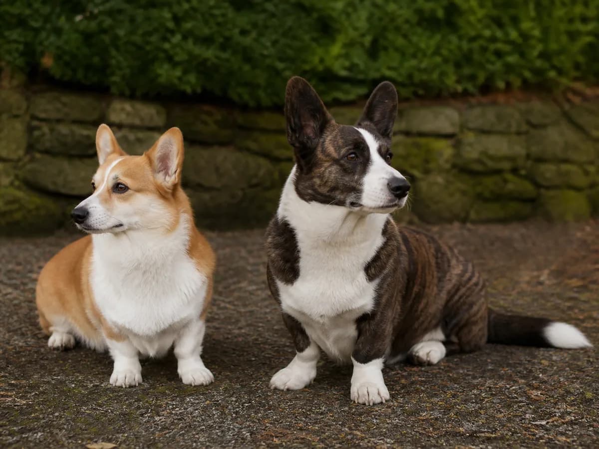 Pembroke and Cardigan Welsh Corgis in opposite three-quarter portraits beside a mossy stone wall.