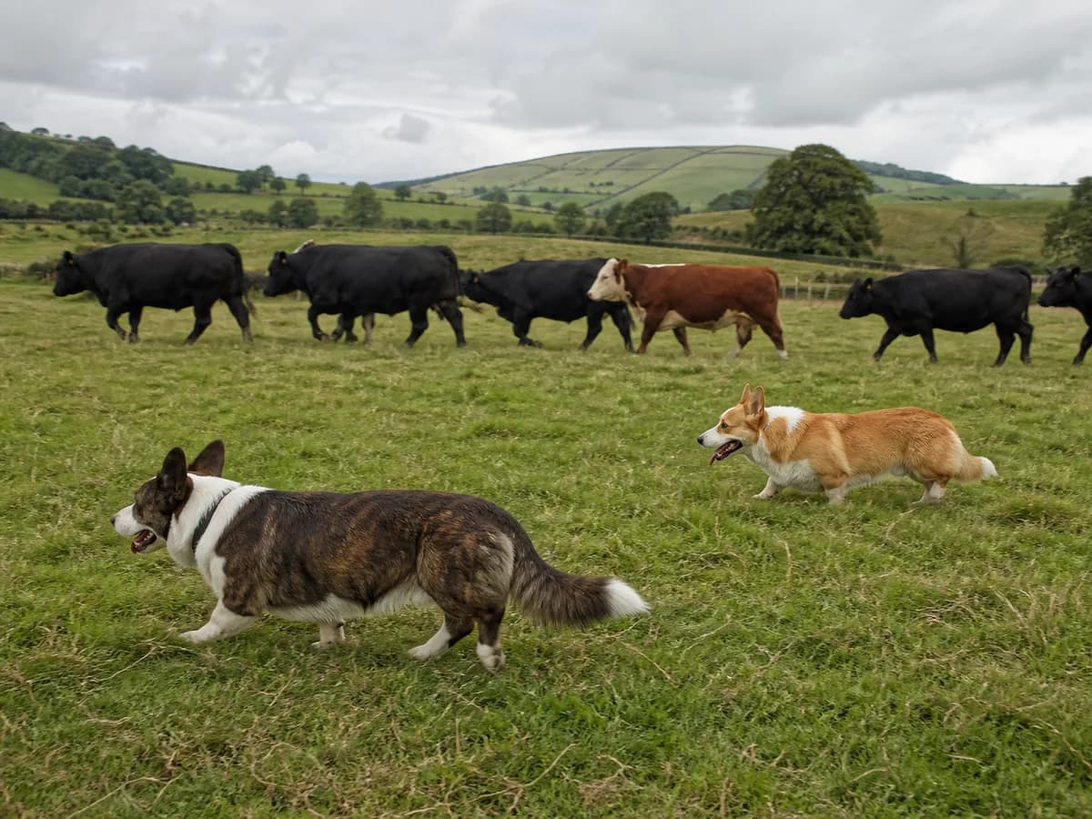 Pembroke and Cardigan Welsh Corgis moving across a Welsh pasture below a walking cattle herd.