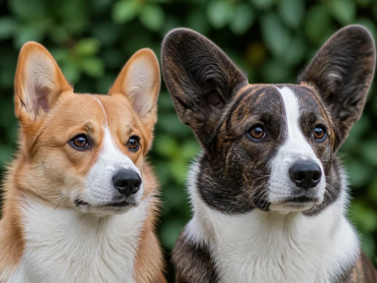 Close portrait of a Pembroke's smaller ears beside a Cardigan's larger rounded ears.