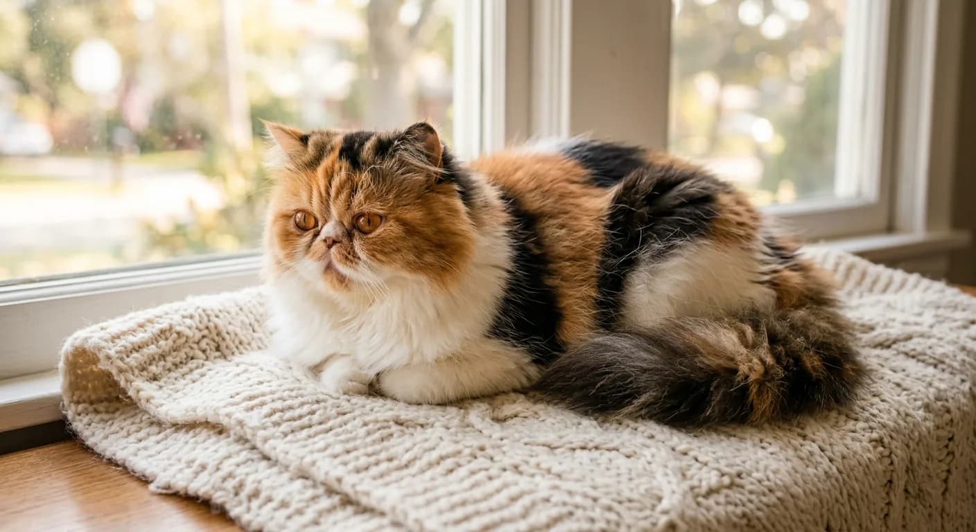 Calico Persian cat with orange, black and white long fluffy fur and a flat face resting on a knit blanket by a sunny window
