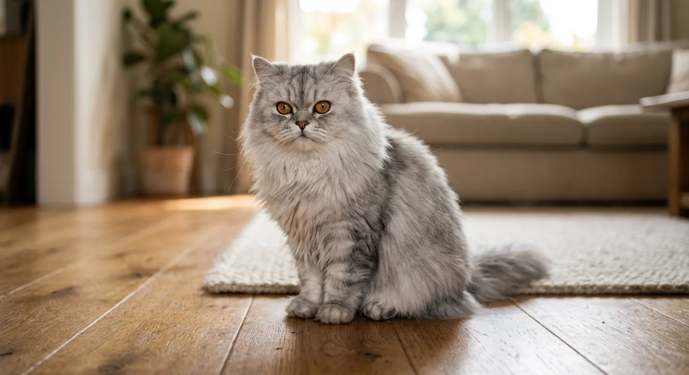 A silver-grey doll-face Persian cat with a moderate muzzle, round copper eyes, and a long flowing coat on a hardwood floor