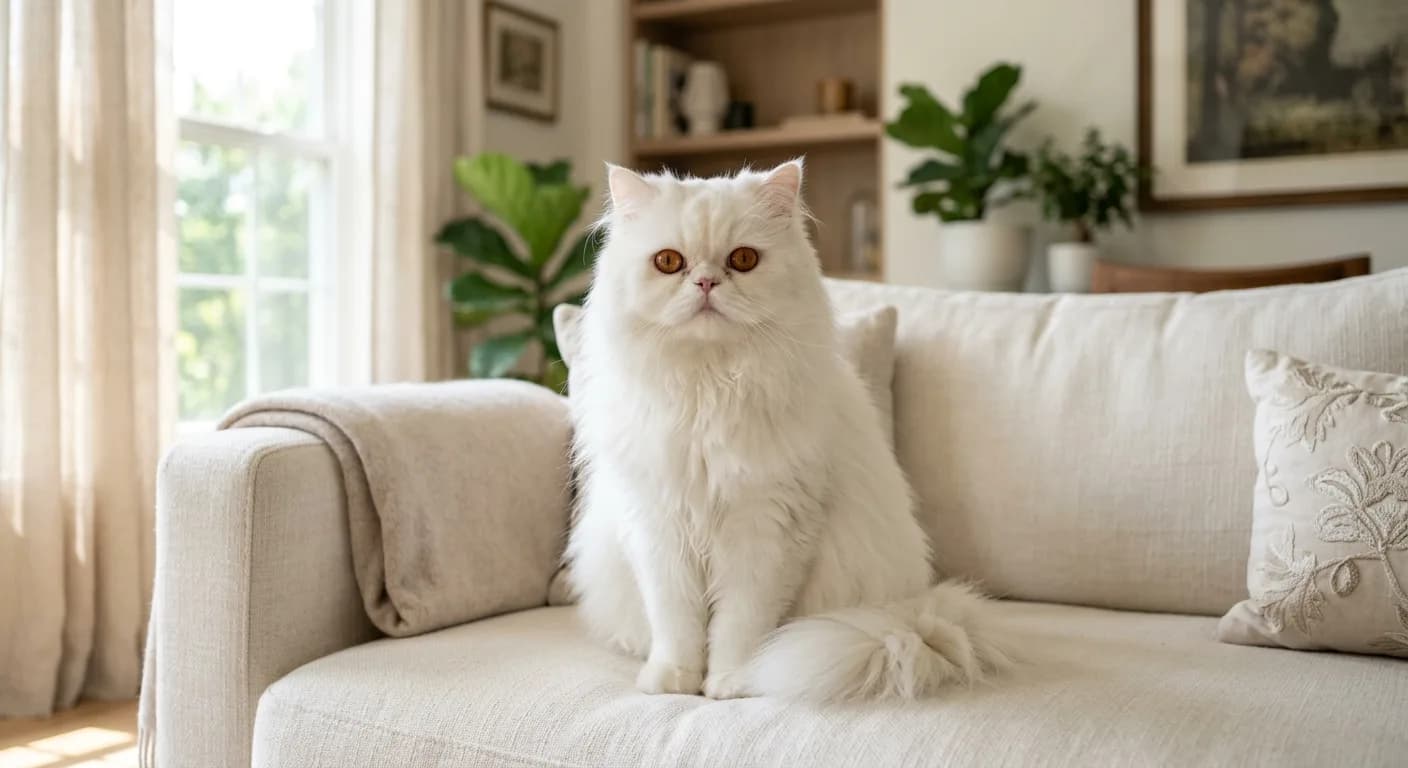 White Persian cat with round copper eyes and a long silky coat sitting upright on a cream sofa in bright natural light