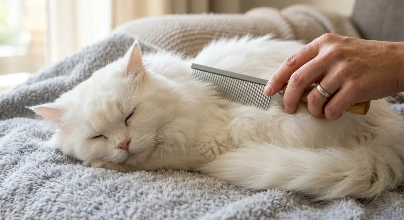 A white long-haired Persian cat being combed with a steel grooming comb on a soft towel, close up