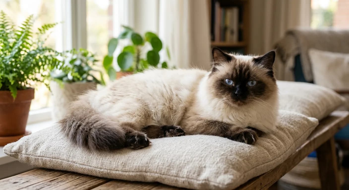 A colorpoint Himalayan Persian with a cream body, dark seal-brown face mask and paws, and bright blue eyes on a cushion