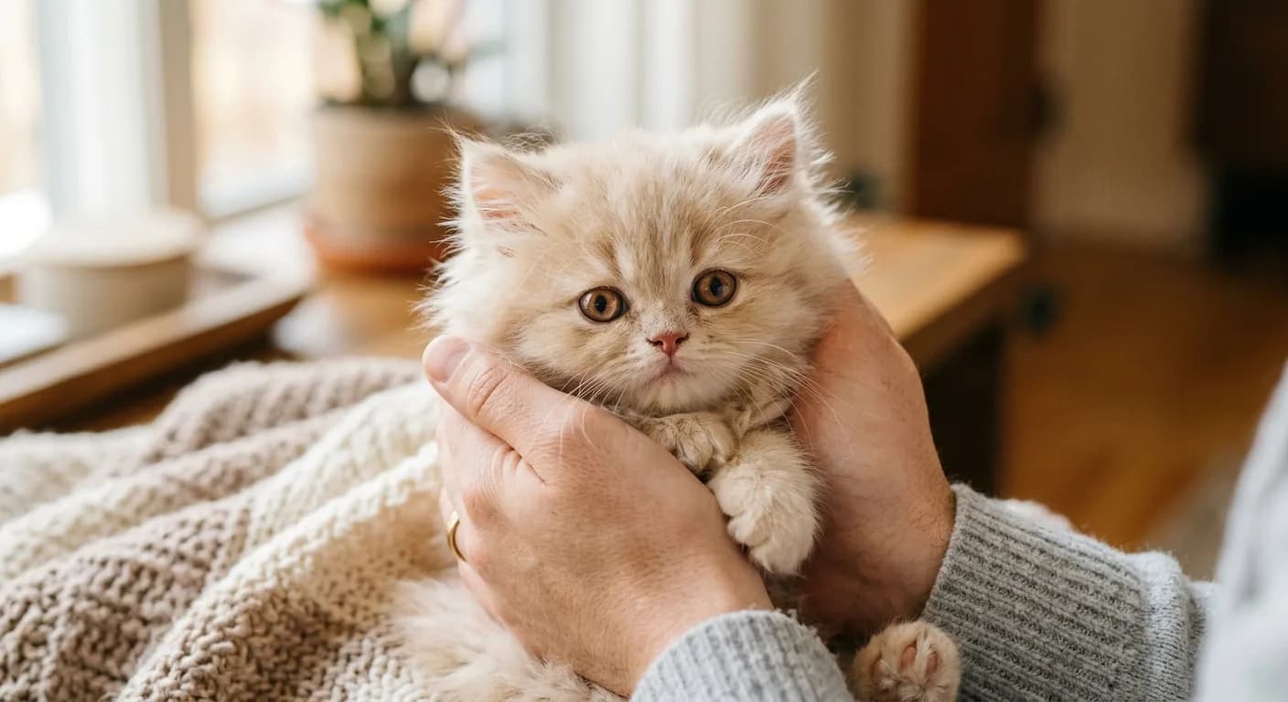 A fluffy cream Persian kitten with big round eyes cradled in two cupped hands against a soft warm home background