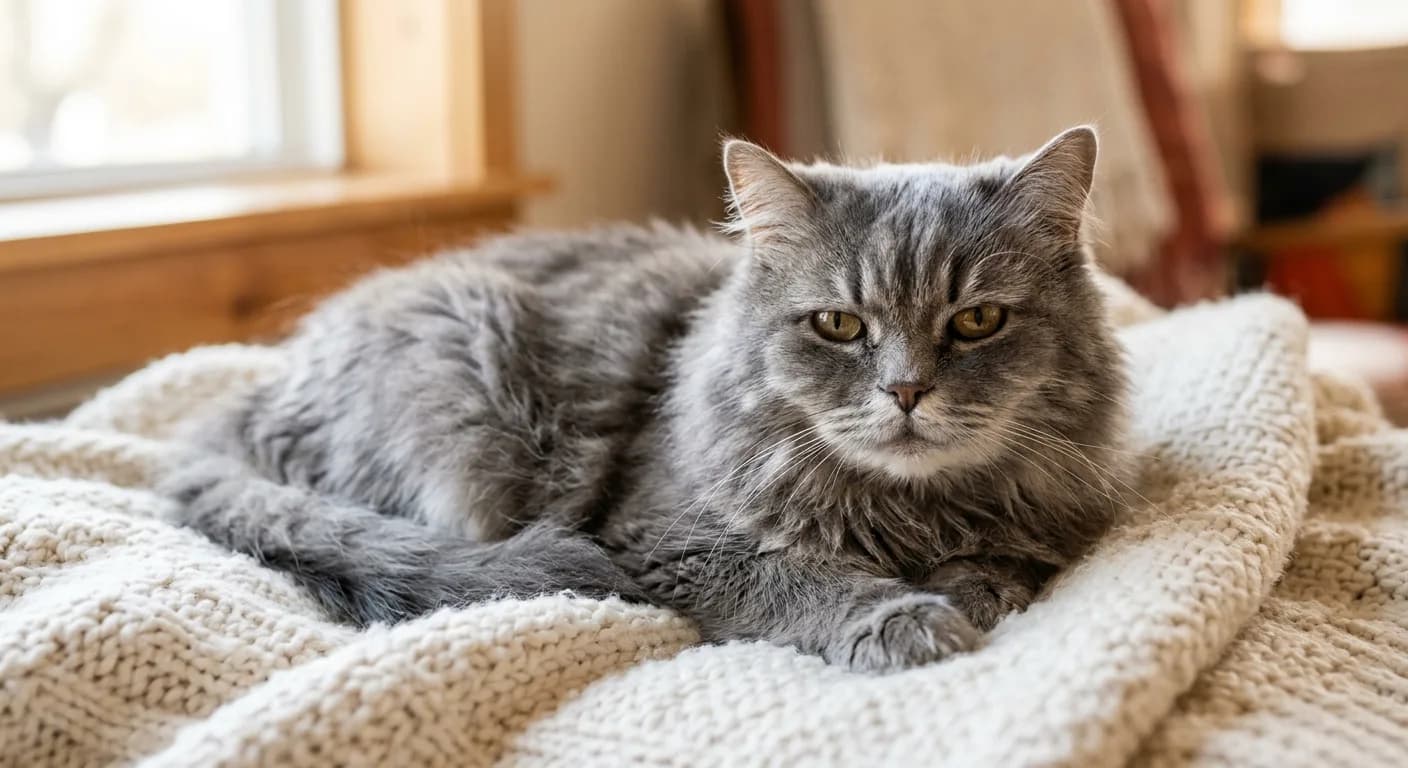 A calm grey senior Persian cat with a greying muzzle resting on a soft cream blanket in warm natural light