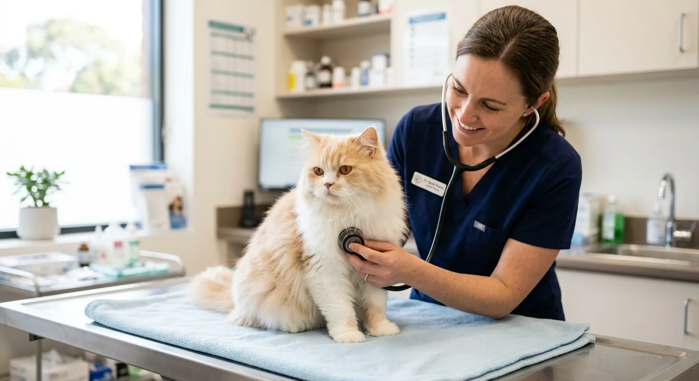 A calm Persian cat being gently examined by a veterinarian with a stethoscope in a bright clinic