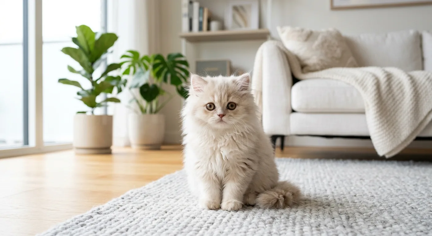 Fluffy doll-face Persian kitten with large round eyes sitting in a bright modern home, facing the camera