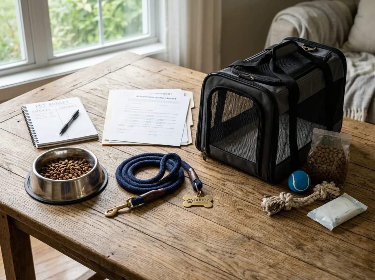 Adoption paperwork beside basic pet supplies and an ID tag
