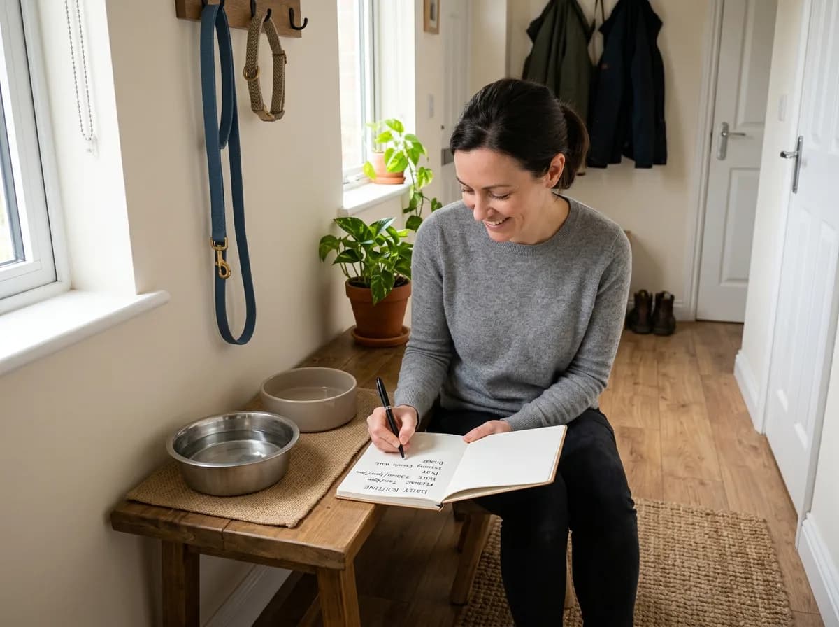 New pet adopter setting up a leash and feeding station at home