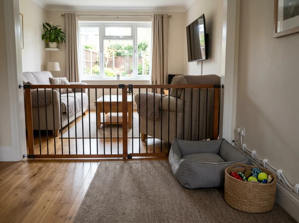 Pet-proofed living room with a gate, covered cords, and a safe resting area