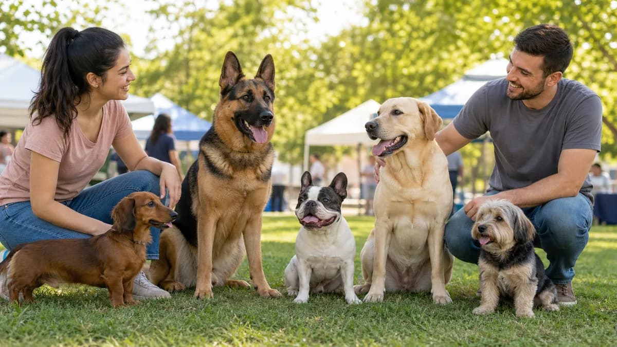 Popular dog breeds of different sizes and body types gathered outdoors
