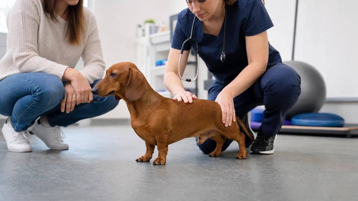 A Dachshund receiving a gentle back and mobility evaluation from a veterinarian