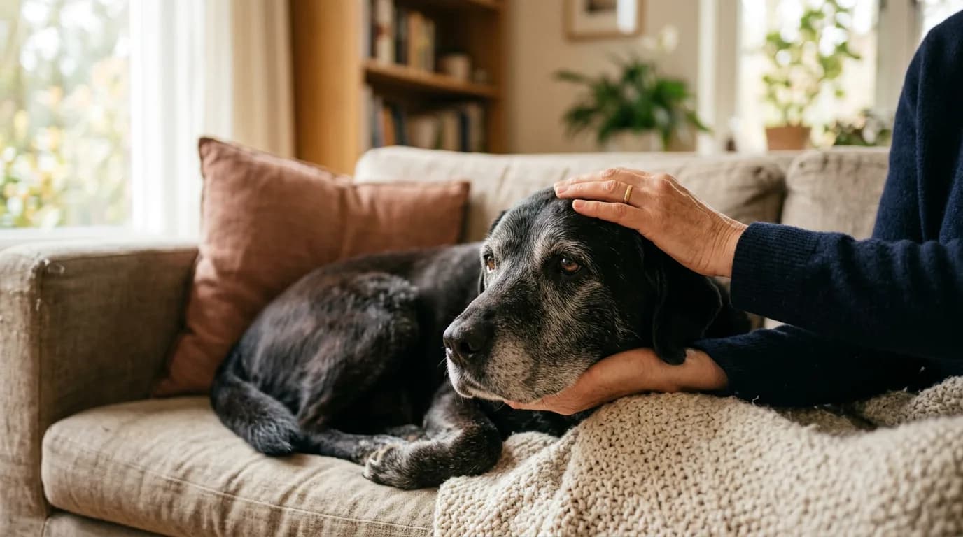 Senior black Labrador with a gray muzzle resting on a couch while its owner gently rests a hand on its head