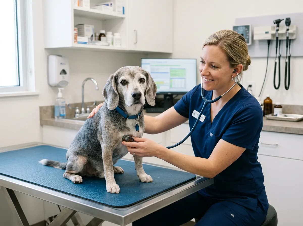 Veterinarian examining a senior beagle with a stethoscope during a checkup