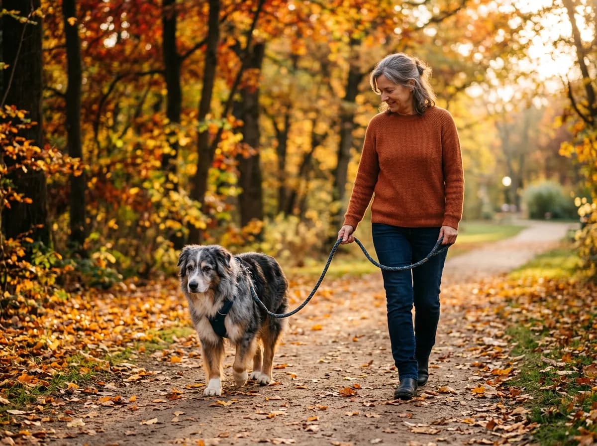 Older Australian Shepherd on a gentle leashed walk with its owner in a park at golden hour