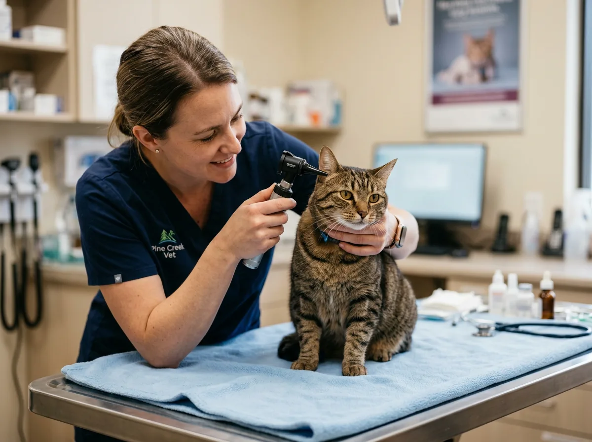 Tabby cat having its ear examined with an otoscope at a veterinary clinic