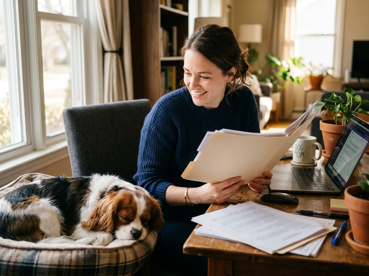 Pet owner reviewing veterinary records at a desk with a Cavalier King Charles Spaniel nearby