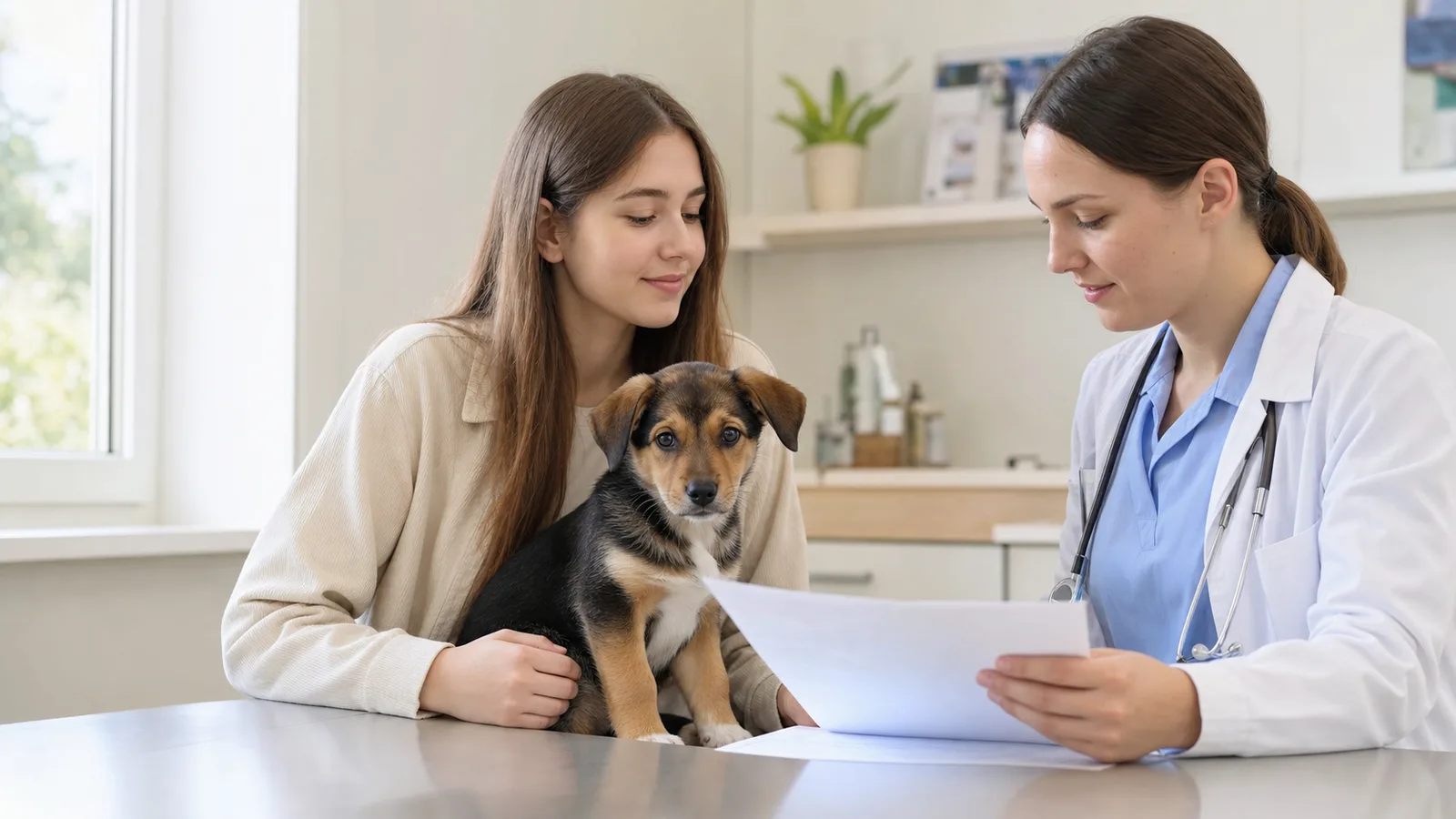 A puppy owner reviewing pet insurance information with a veterinarian