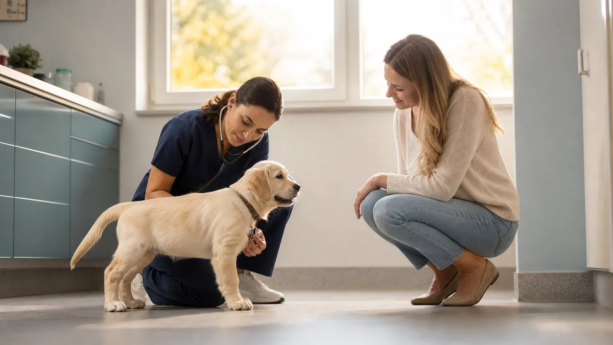 A veterinarian examining a young puppy during an early wellness visit