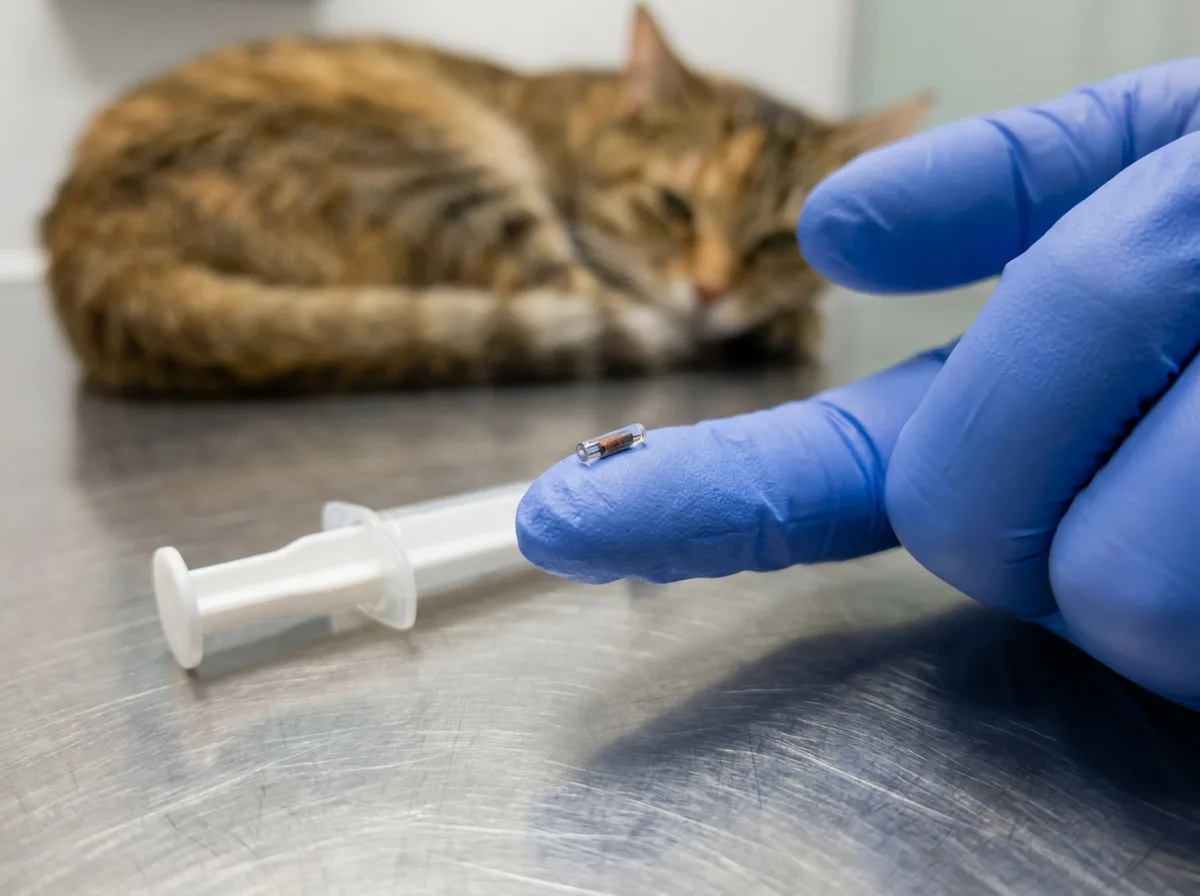 Rice-sized pet microchip on a gloved fingertip beside its implant syringe, with a cat resting in the background