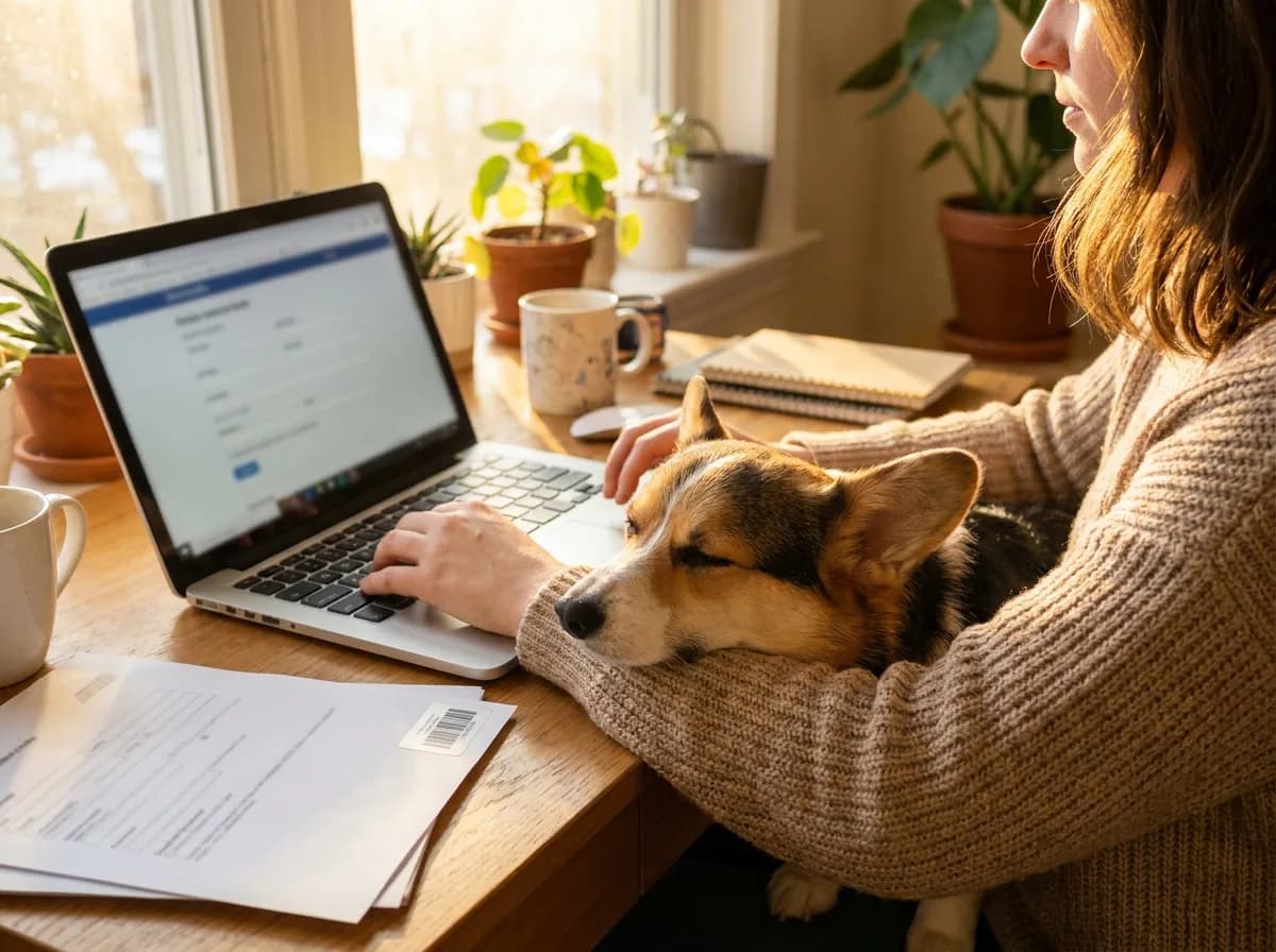 Woman updating her pet's microchip registration on a laptop at a sunlit desk while her corgi rests on her arm