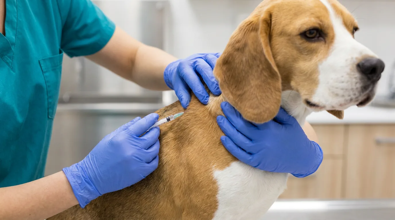 A veterinary professional gives a beagle a vaccination in the shoulder.