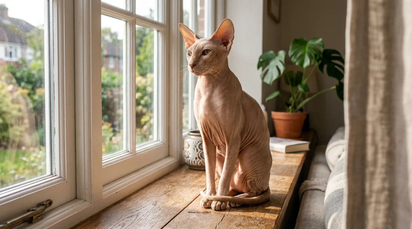A slender bald Peterbald cat with very large ears sitting upright on a sunlit windowsill.