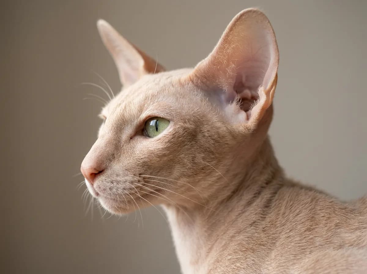 Close-up of a velour-coated Peterbald cat showing fine downy fuzz and large ears.