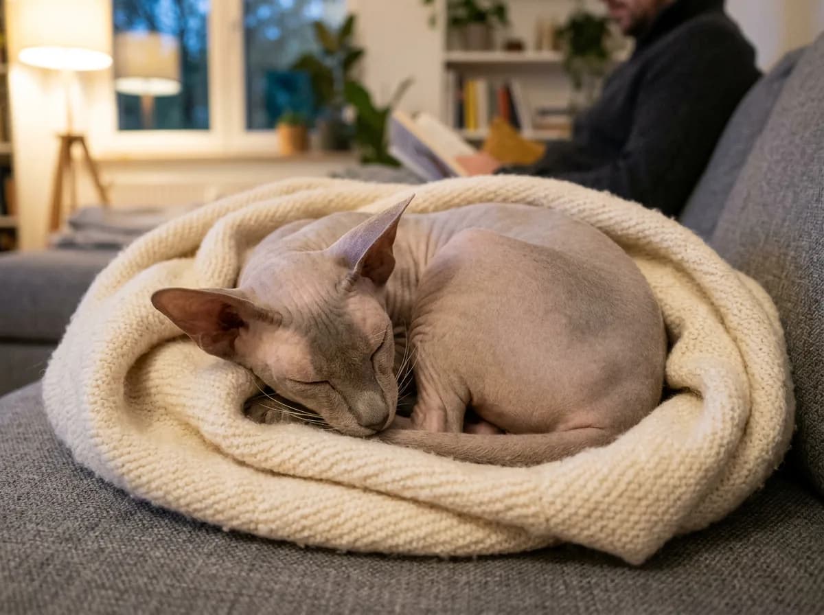 A hairless Peterbald cat curled up warmly in a soft blanket on a couch.
