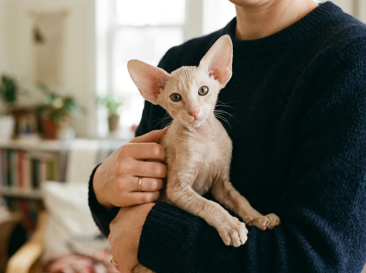 A peach-fuzz Peterbald kitten held gently against a person's torso with no face visible.