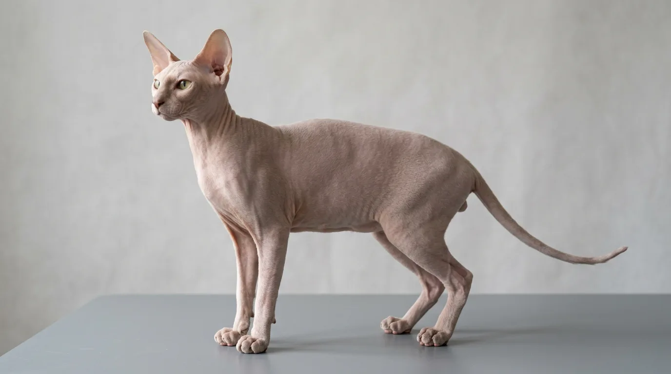 A healthy adult Peterbald cat standing in profile showing its slim Oriental body and large ears.