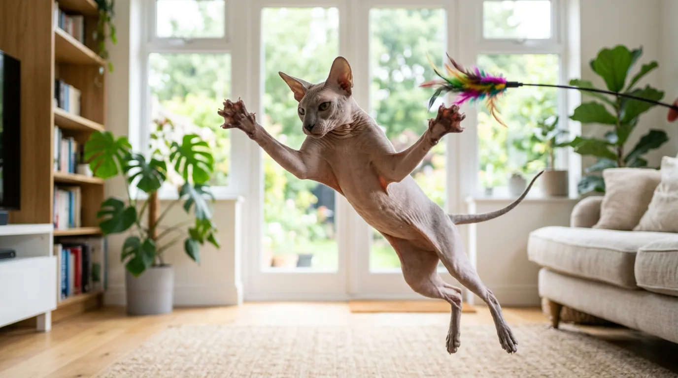A Peterbald cat playing with an interactive feather toy in a bright living room.