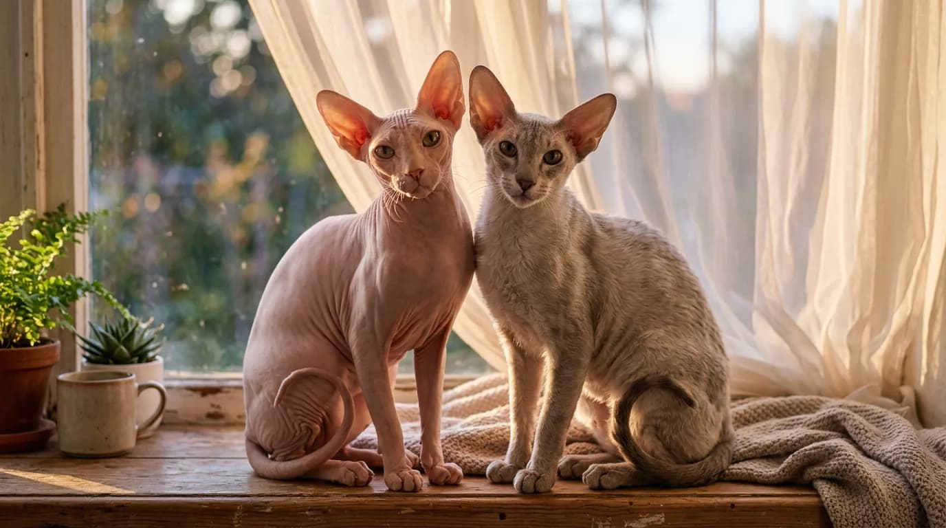 Two Peterbald cats of different coat types sitting side by side on a warm windowsill.