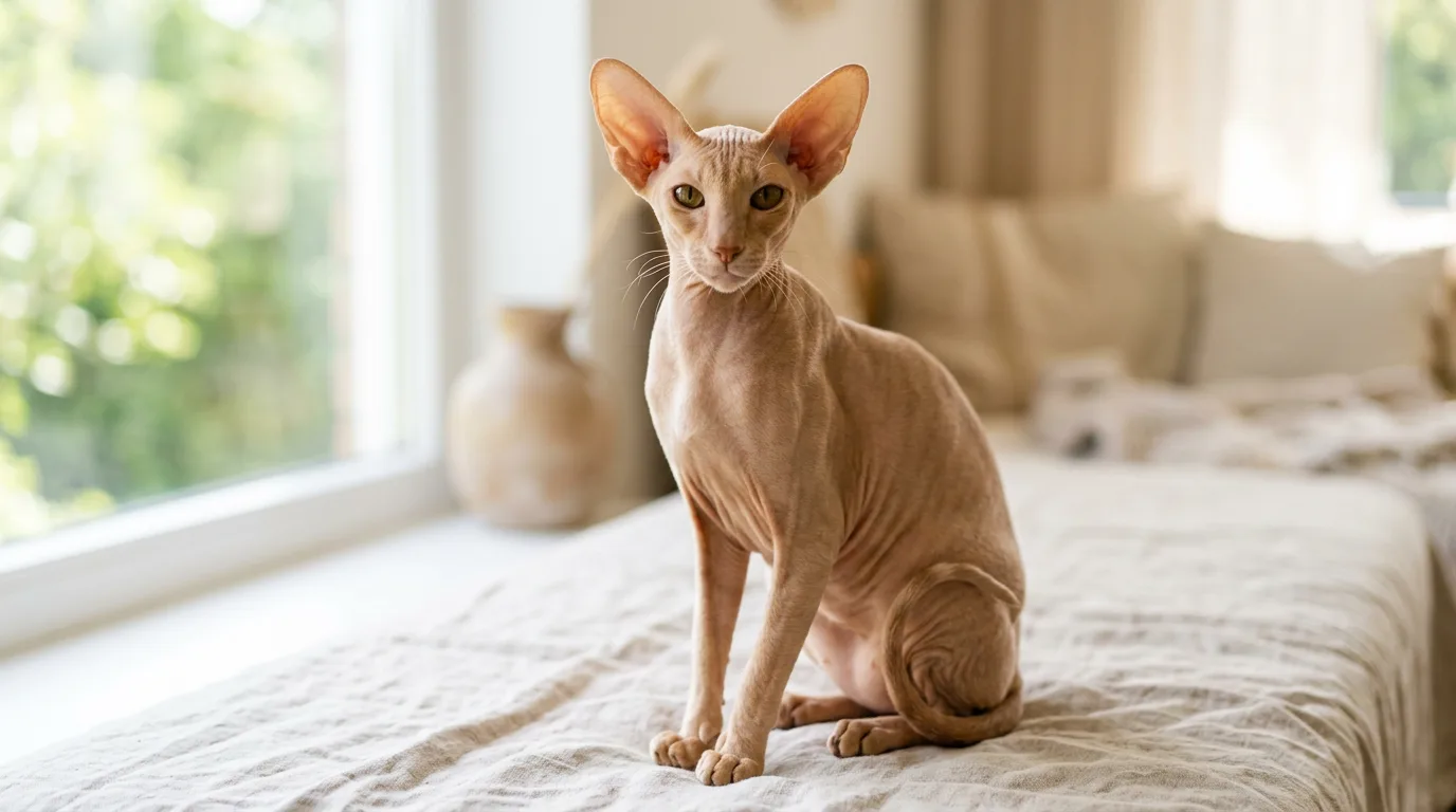 A hairless Peterbald cat with very large ears and almond eyes sitting upright in soft natural window light.