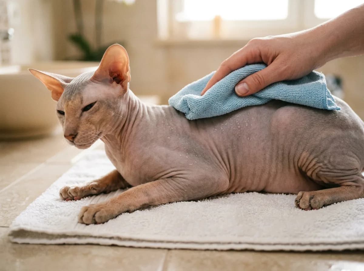 A near-bald Peterbald cat being gently wiped with a soft cloth during a skin-care routine on a towel.