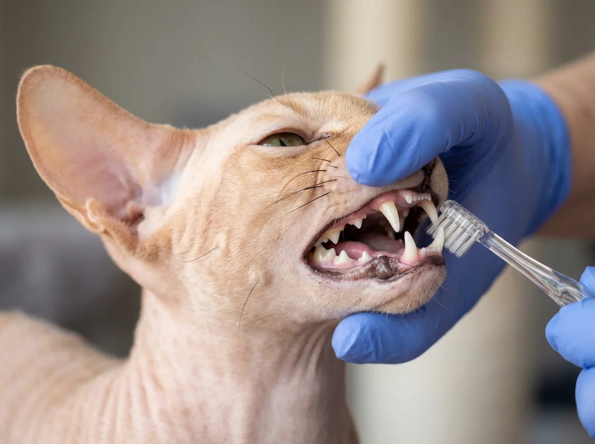 A close view of a Peterbald cat's open mouth and teeth during a gentle at-home dental check.