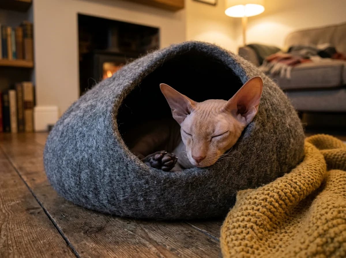 A slender large-eared Peterbald cat curled up warmly inside a soft covered cave bed.
