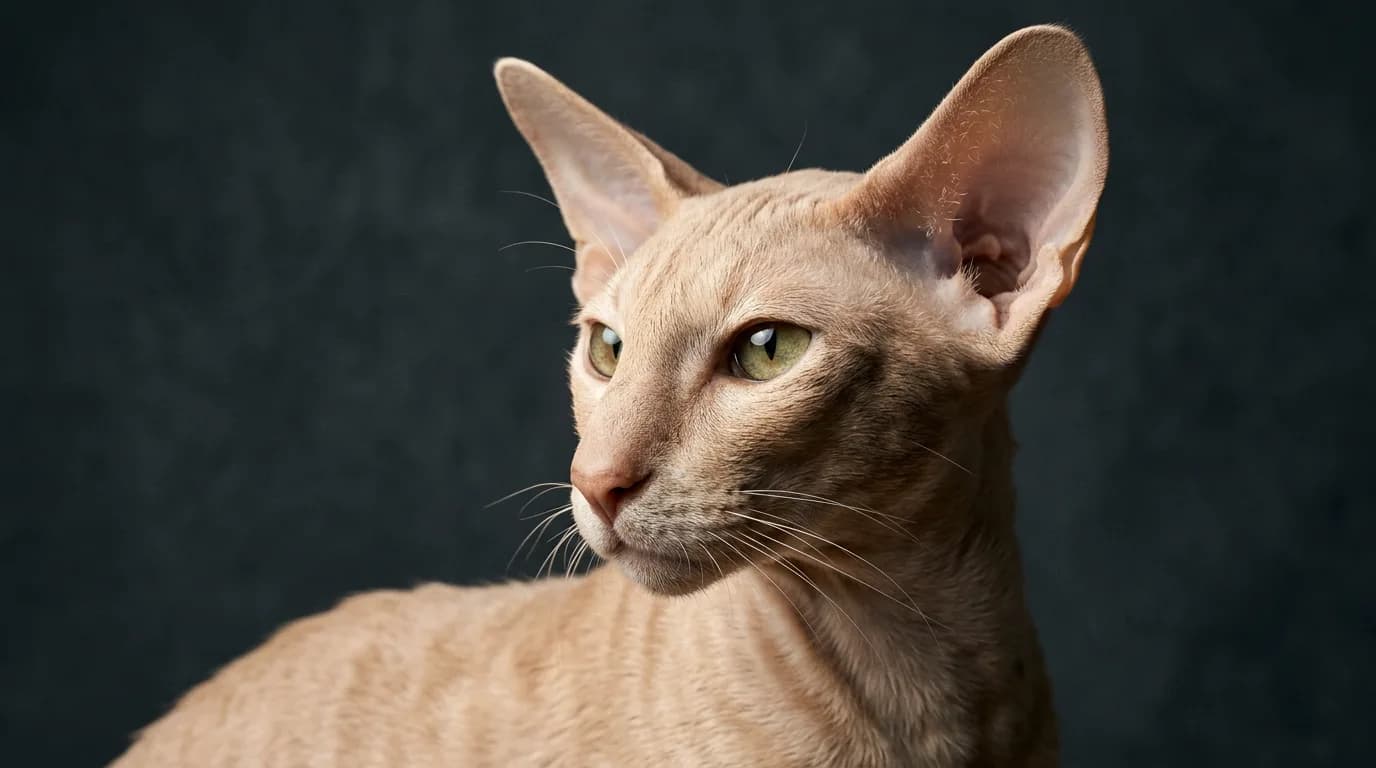 A head-and-shoulders portrait of a velour-coated Peterbald showing its long wedge face, large ears, and almond eyes.