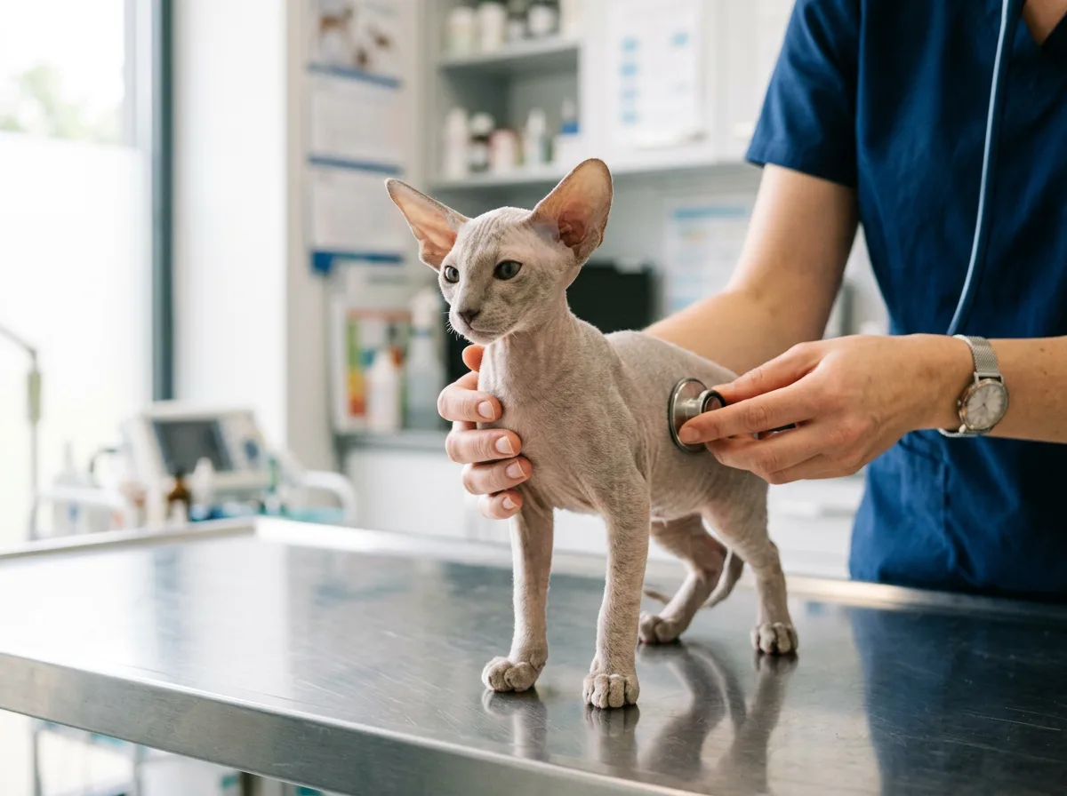 A fine-coated Peterbald kitten being examined gently on a veterinary exam table, the kitten as the clear subject.