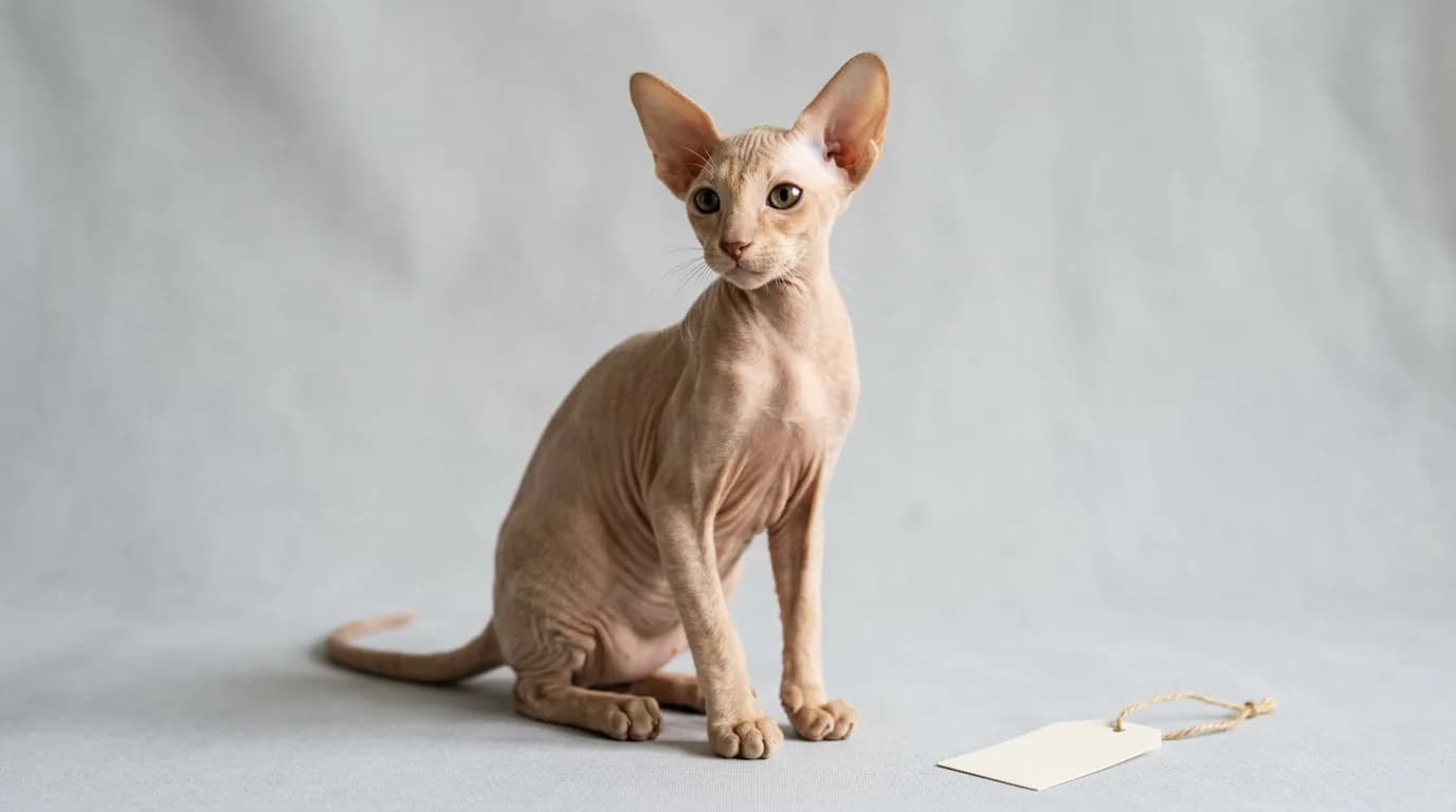 A slender hairless Peterbald kitten sitting upright on a gray studio backdrop beside a small blank price tag.