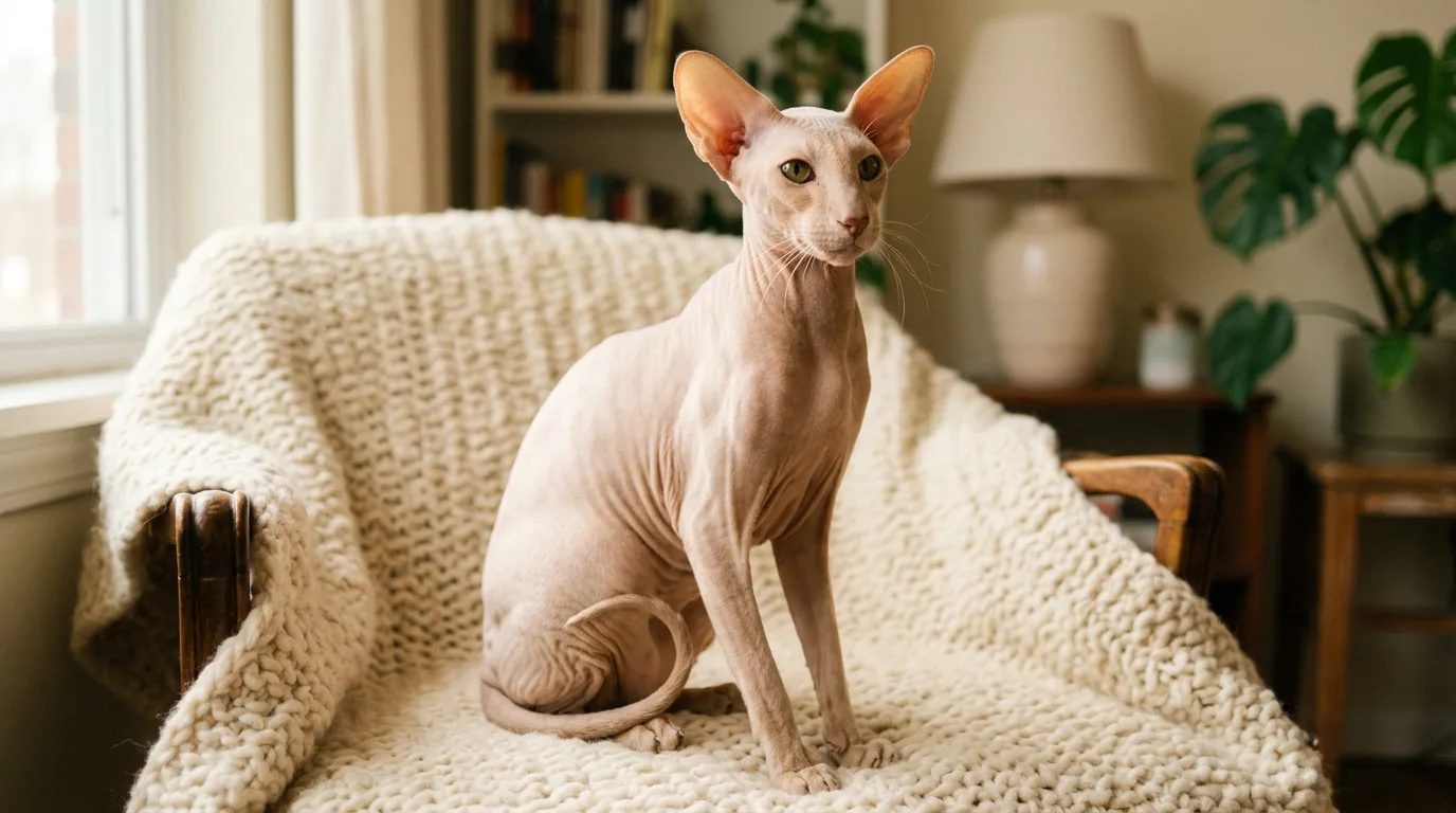 A slim hairless Peterbald cat with large flared ears sitting on a cream blanket in a living room.