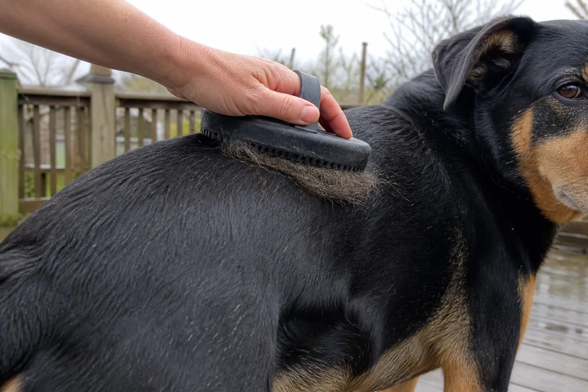 A rubber curry brush lifting loose hair from a short-haired black-and-tan dog