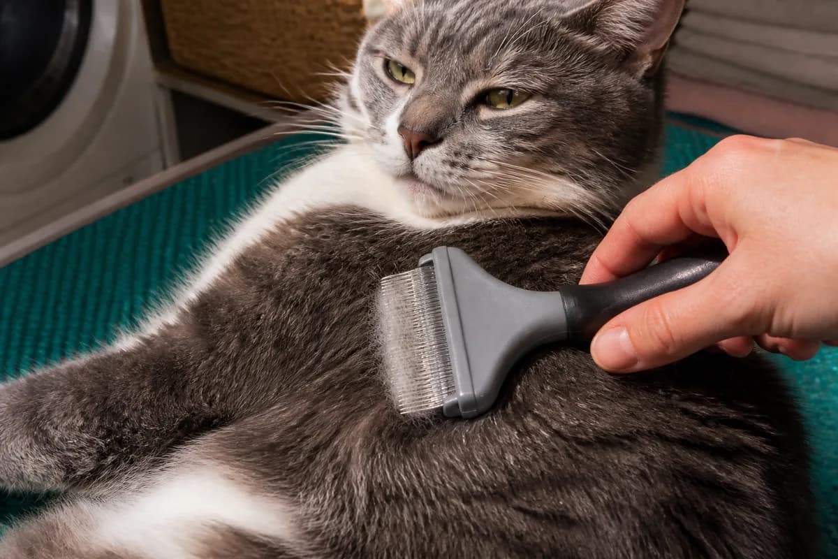 A deshedding tool used gently on the coat of a gray-and-white cat