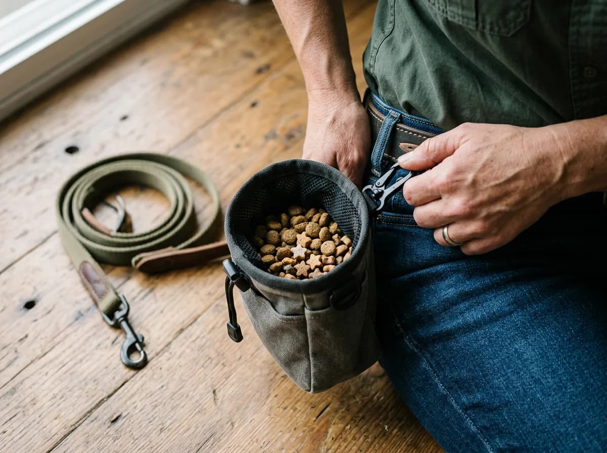 close-up of a hand clipping a dog training treat pouch to a belt loop, kibble and small training treats visible inside, a leash coiled nearby on a woo