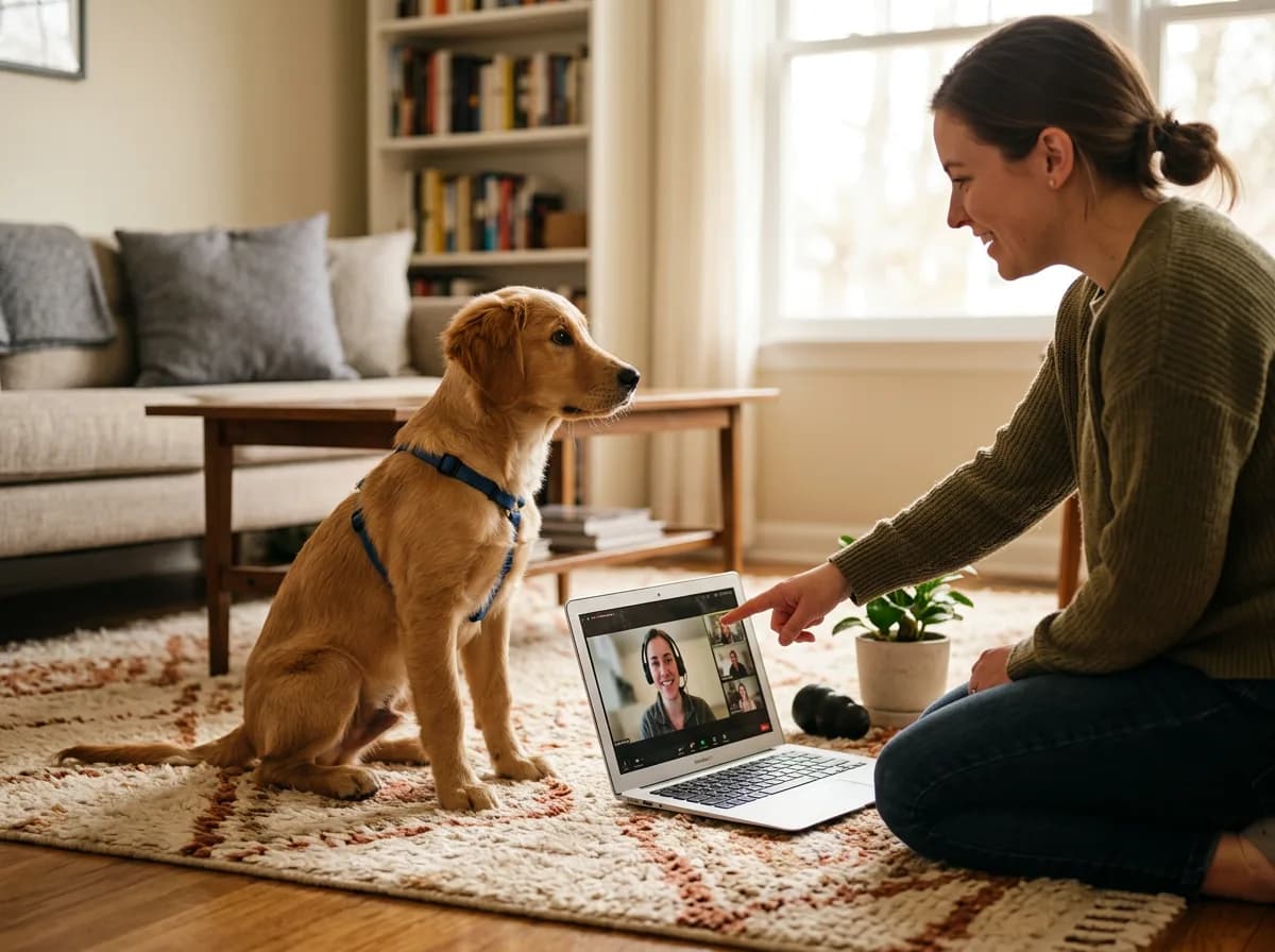 a young dog participating in a virtual training session, sitting in front of a laptop on a living-room rug while its owner points at the screen, warm