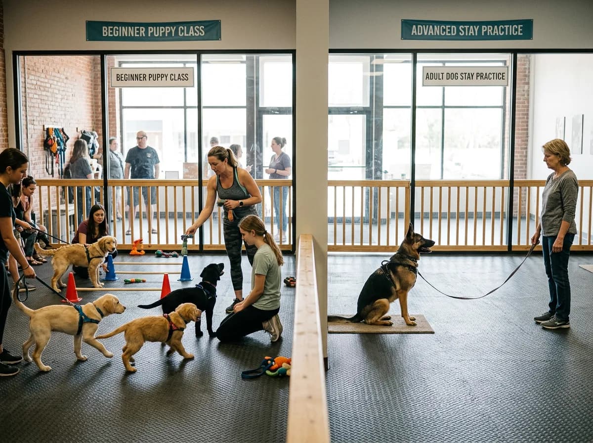 two side-by-side storefront-style training rings, one busy with a beginner puppy class and one with an adult dog practicing stay, split-scene composit