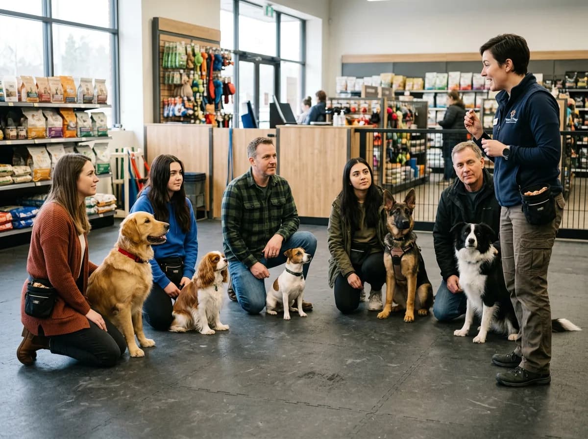 a small group of dogs of different breeds sitting in a semicircle facing a trainer inside a pet-store training area, owners kneeling beside each dog w