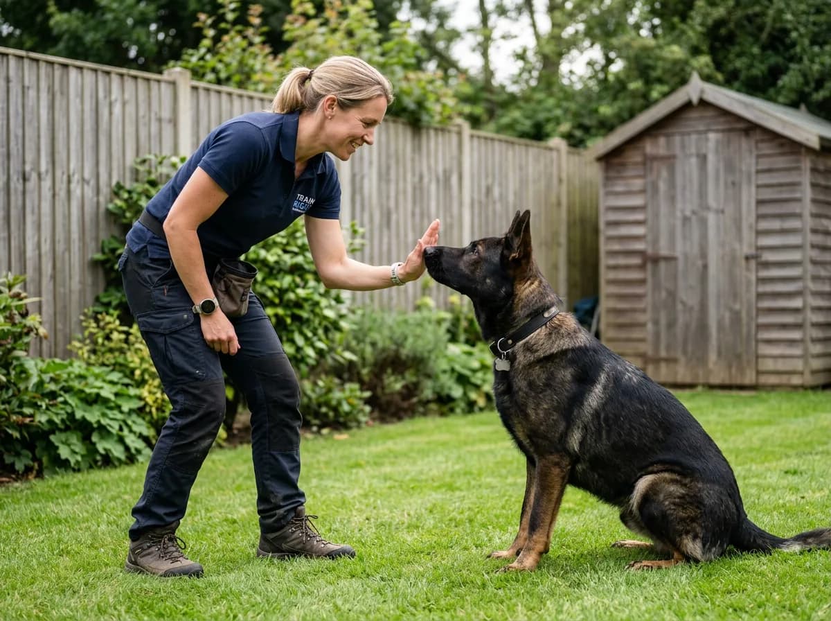 a certified trainer working one-on-one with a focused German shepherd in a quiet fenced yard, using a hand target cue, no other dogs present to show t